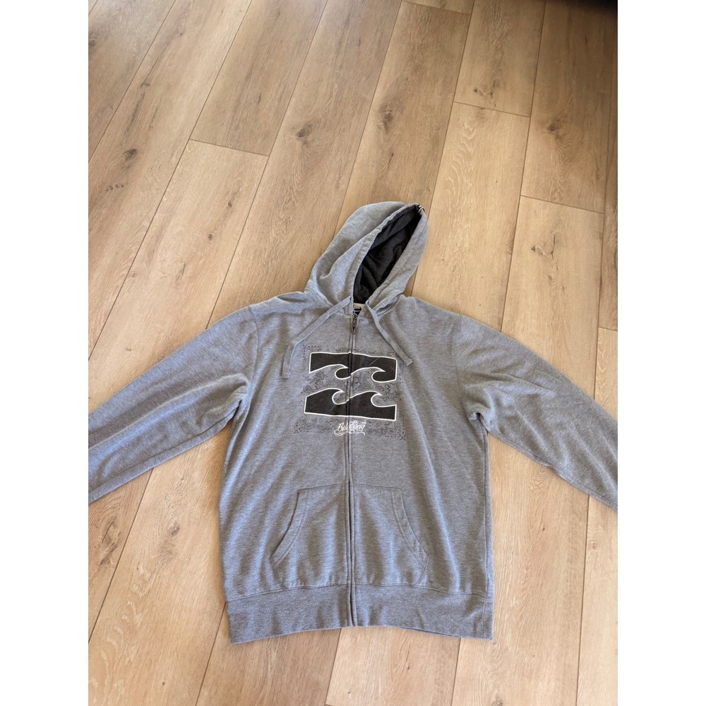 Billabong Zip Up Hoodie Mens 2XL Gray Graphic Paisley Wave Logo Sweatshirt 347
